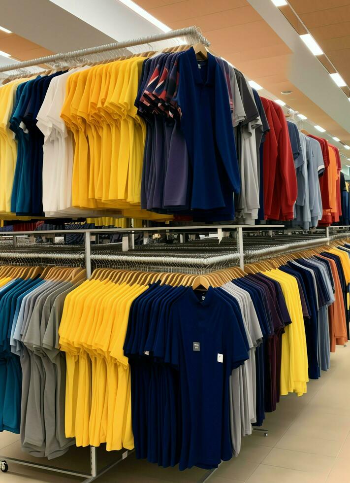 Row of fashionable polo t-shirts for man on wooden hanger or rack in a clothing boutique retail shop concept by AI Generated photo