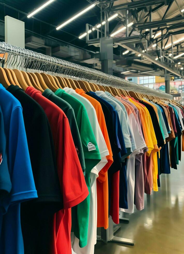 Row of fashionable polo t-shirts for man on wooden hanger or rack in a clothing boutique retail shop concept by AI Generated photo