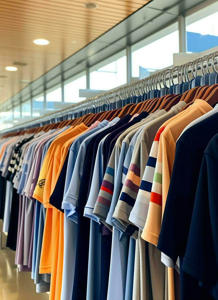 Row of fashionable polo t-shirts for man on wooden hanger or rack in a clothing boutique retail shop concept by AI Generated photo