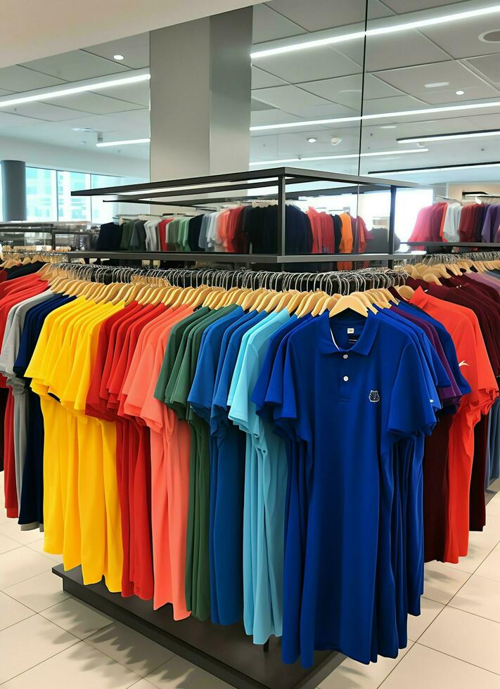 Row of fashionable polo t-shirts for man on wooden hanger or rack in a clothing boutique retail shop concept by AI Generated photo