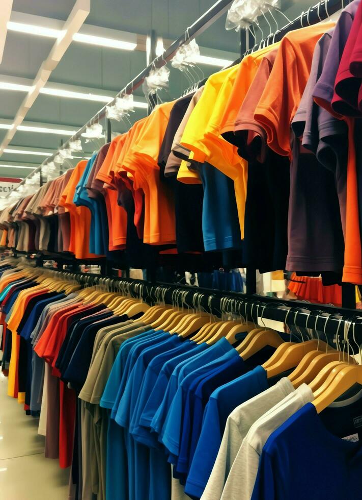 Row of fashionable polo t-shirts for man on wooden hanger or rack in a clothing boutique retail shop concept by AI Generated photo