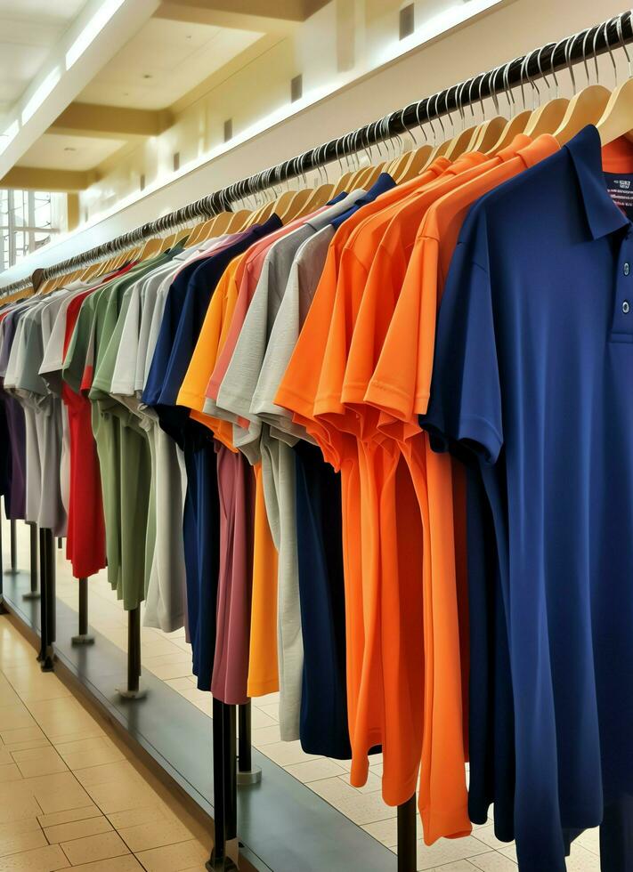 fila de de moda polo camisetas para hombre en de madera percha o estante en un ropa boutique Al por menor tienda concepto por ai generado foto