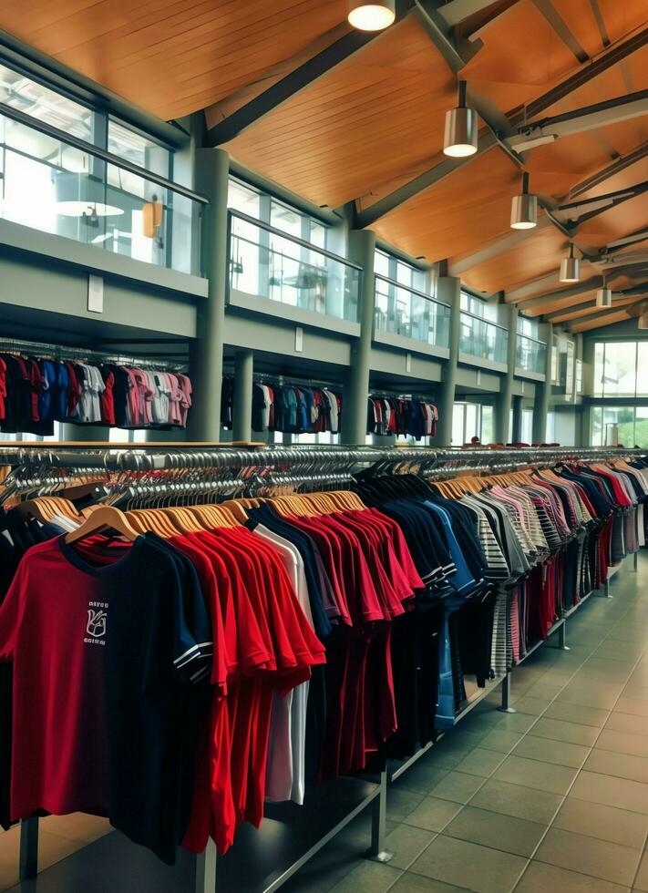 Row of fashionable polo t-shirts for man on wooden hanger or rack in a clothing boutique retail shop concept by AI Generated photo