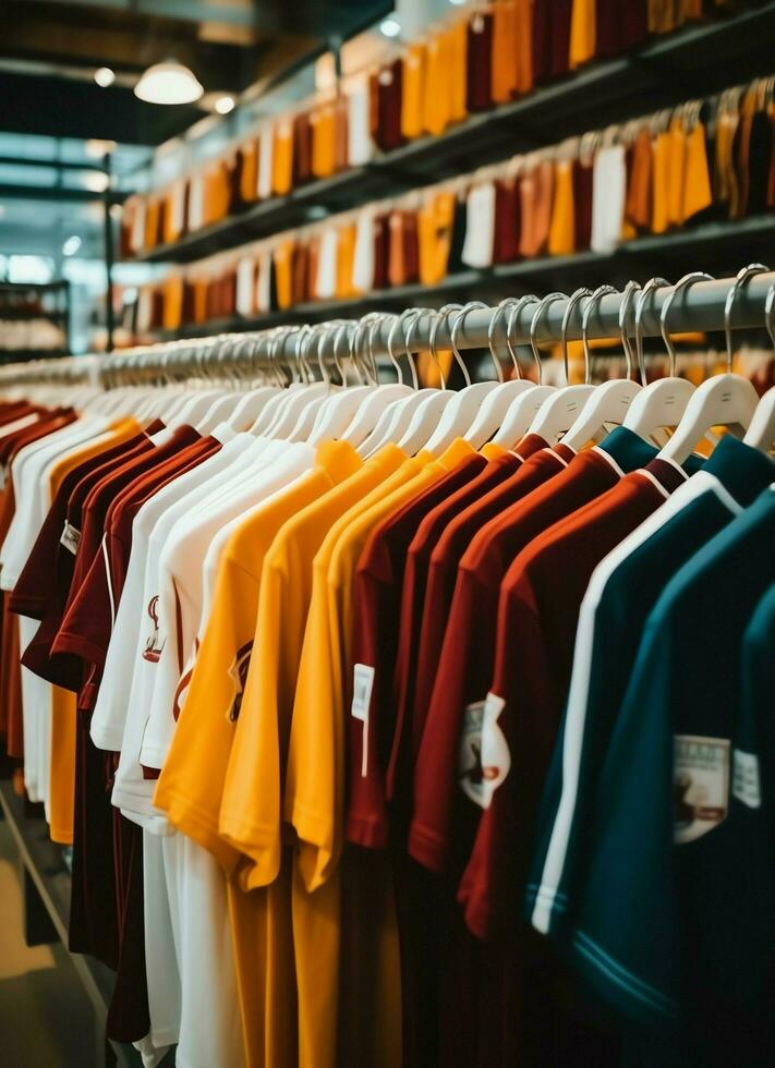 Row of fashionable polo t-shirts for man on wooden hanger or rack in a clothing boutique retail shop concept by AI Generated photo