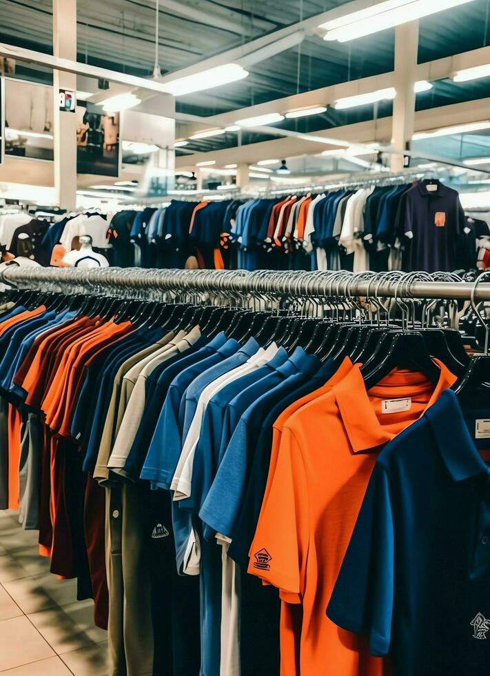 Row of fashionable polo t-shirts for man on wooden hanger or rack in a clothing boutique retail shop concept by AI Generated photo