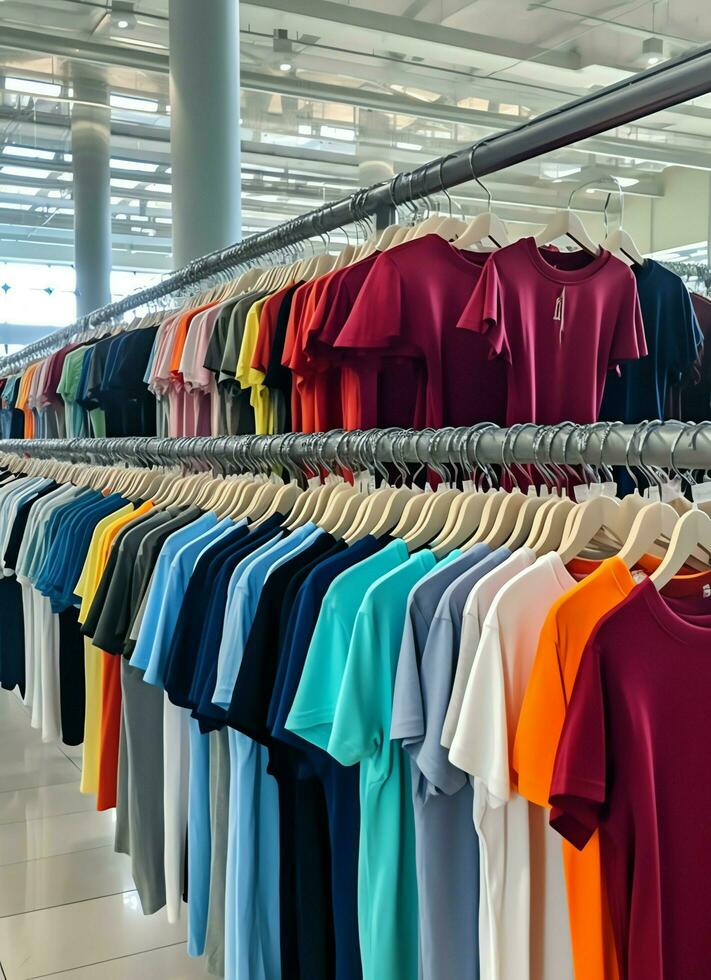 Row of fashionable polo t-shirts for man on wooden hanger or rack in a clothing boutique retail shop concept by AI Generated photo