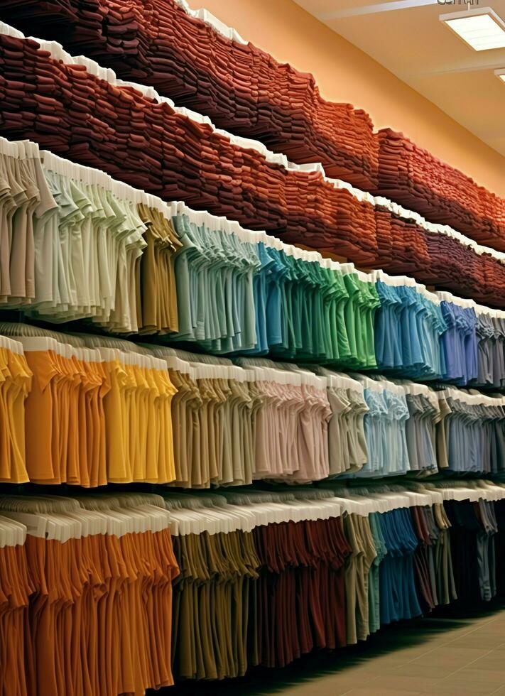 Row of fashionable polo t-shirts for man on wooden hanger or rack in a clothing boutique retail shop concept by AI Generated photo