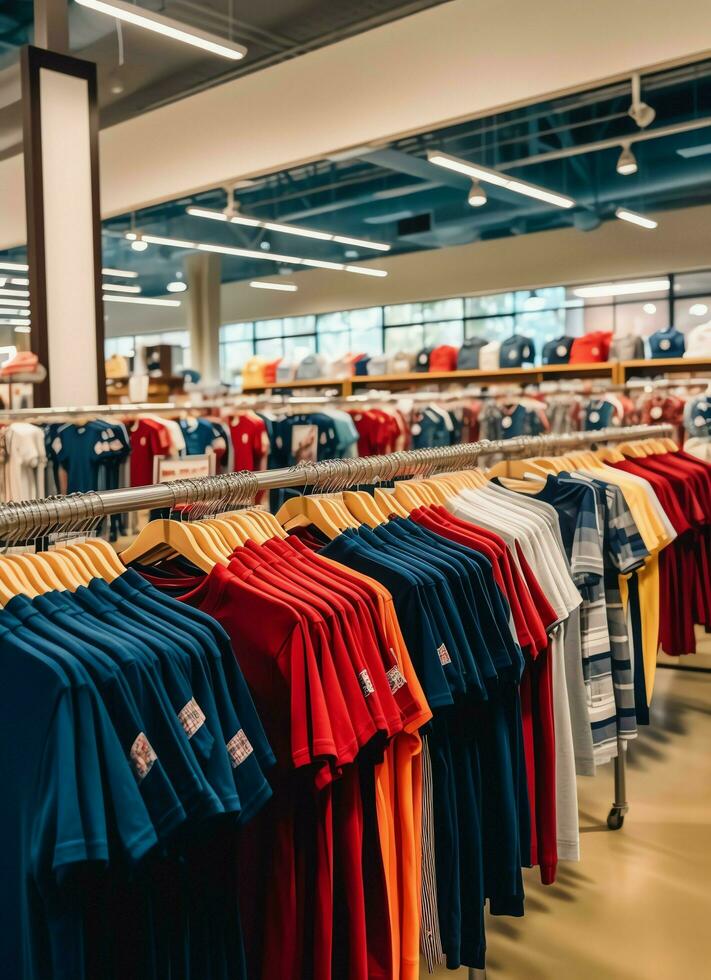 Row of fashionable polo t-shirts for man on wooden hanger or rack in a clothing boutique retail shop concept by AI Generated photo