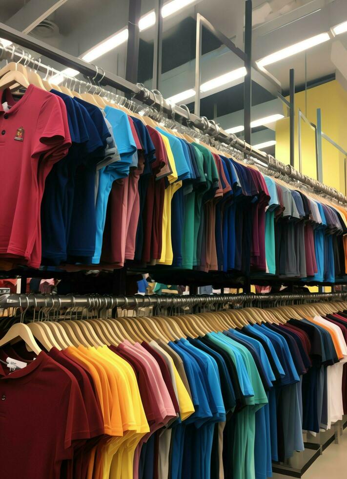 Row of fashionable polo t-shirts for man on wooden hanger or rack in a clothing boutique retail shop concept by AI Generated photo