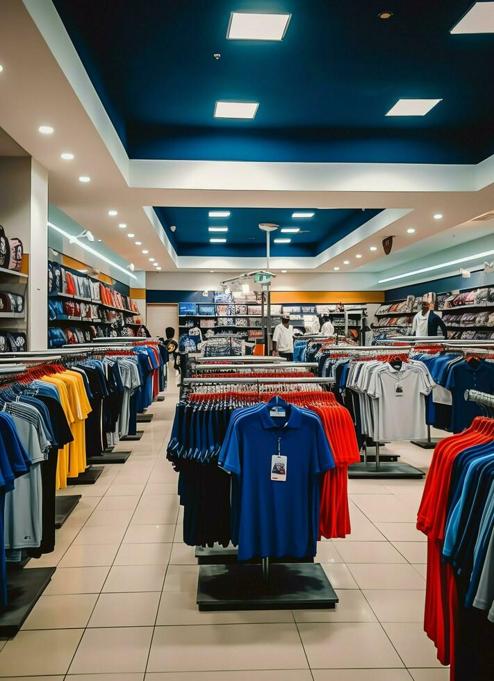 Row of fashionable polo t-shirts for man on wooden hanger or rack in a clothing boutique retail shop concept by AI Generated photo