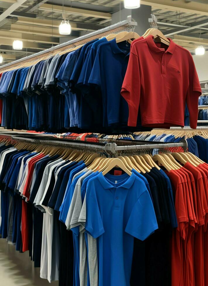 Row of fashionable polo t-shirts for man on wooden hanger or rack in a clothing boutique retail shop concept by AI Generated photo