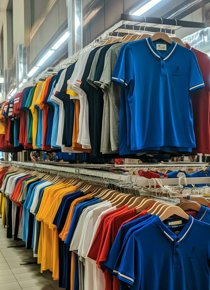 Row of fashionable polo t-shirts for man on wooden hanger or rack in a clothing boutique retail shop concept by AI Generated photo