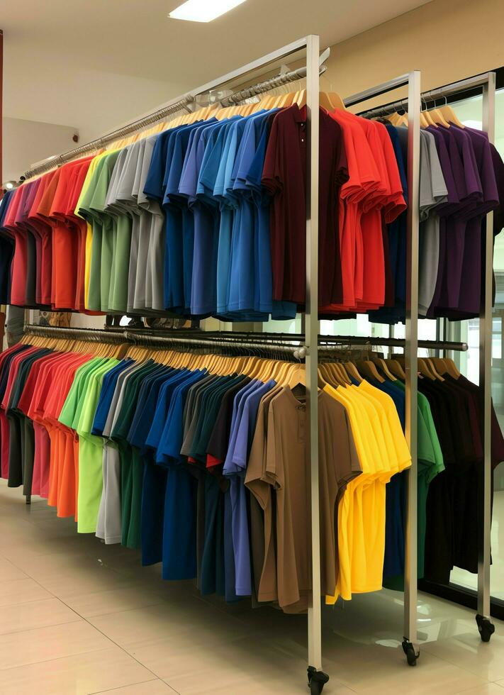 fila de de moda polo camisetas para hombre en de madera percha o estante en un ropa boutique Al por menor tienda concepto por ai generado foto