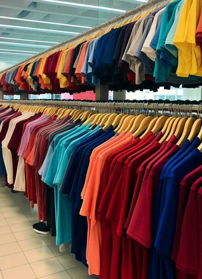 Row of fashionable polo t-shirts for man on wooden hanger or rack in a clothing boutique retail shop concept by AI Generated photo