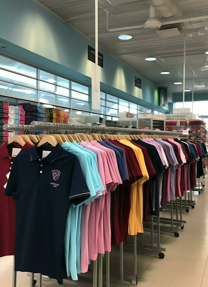 Row of fashionable polo t-shirts for man on wooden hanger or rack in a clothing boutique retail shop concept by AI Generated photo