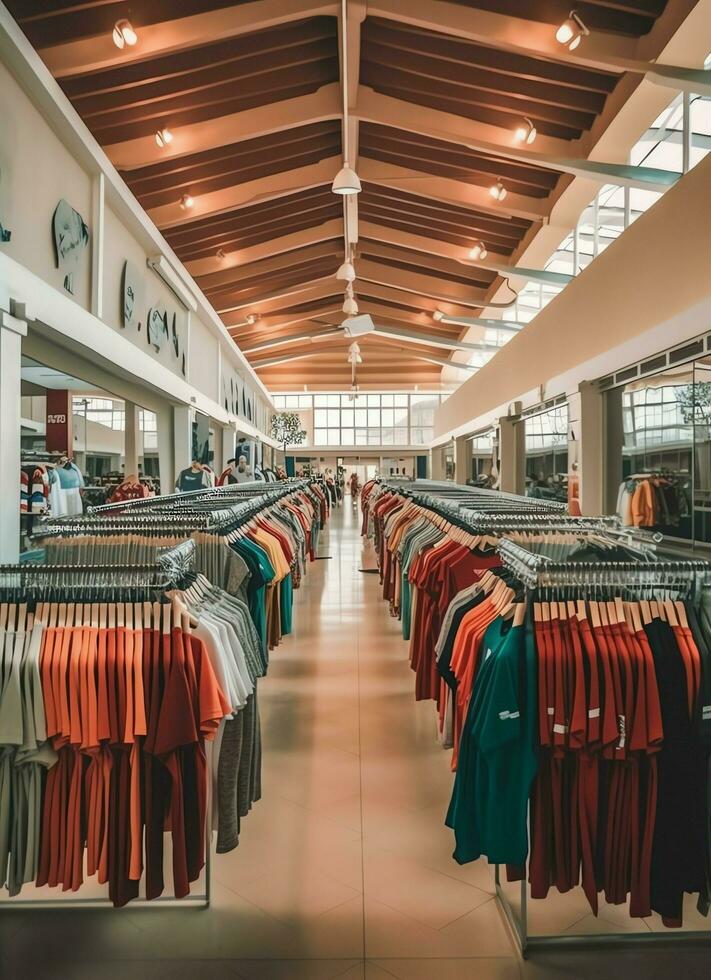 Row of fashionable polo t-shirts for man on wooden hanger or rack in a clothing boutique retail shop concept by AI Generated photo
