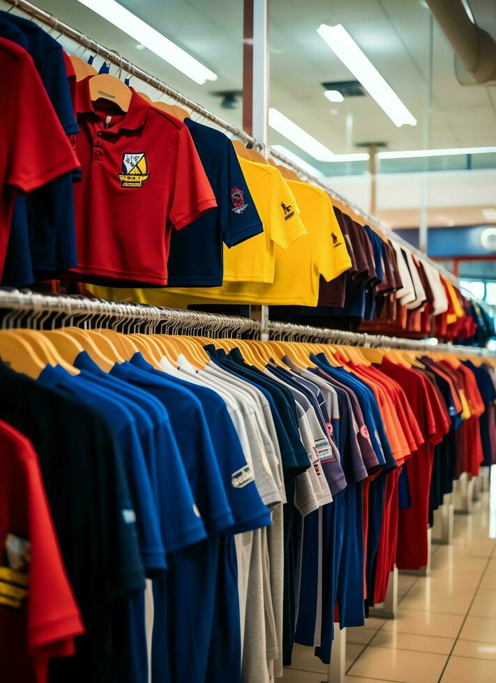 Row of fashionable polo t-shirts for man on wooden hanger or rack in a clothing boutique retail shop concept by AI Generated photo