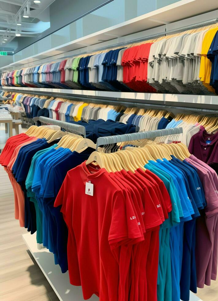 Row of fashionable polo t-shirts for man on wooden hanger or rack in a clothing boutique retail shop concept by AI Generated photo