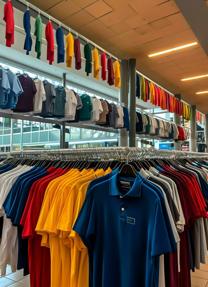 Row of fashionable polo t-shirts for man on wooden hanger or rack in a clothing boutique retail shop concept by AI Generated photo