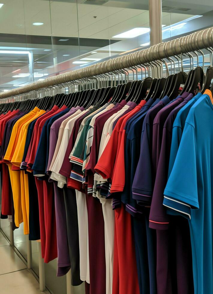 Row of fashionable polo t-shirts for man on wooden hanger or rack in a clothing boutique retail shop concept by AI Generated photo