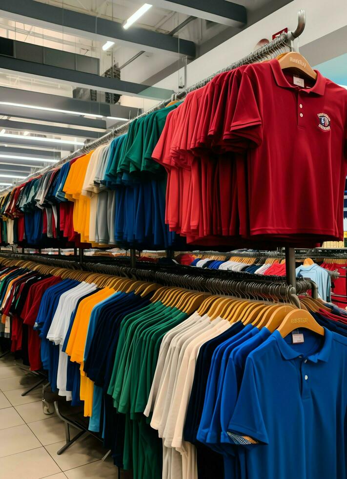 Row of fashionable polo t-shirts for man on wooden hanger or rack in a clothing boutique retail shop concept by AI Generated photo