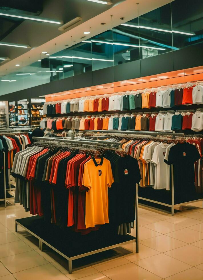 Row of fashionable polo t-shirts for man on wooden hanger or rack in a clothing boutique retail shop concept by AI Generated photo