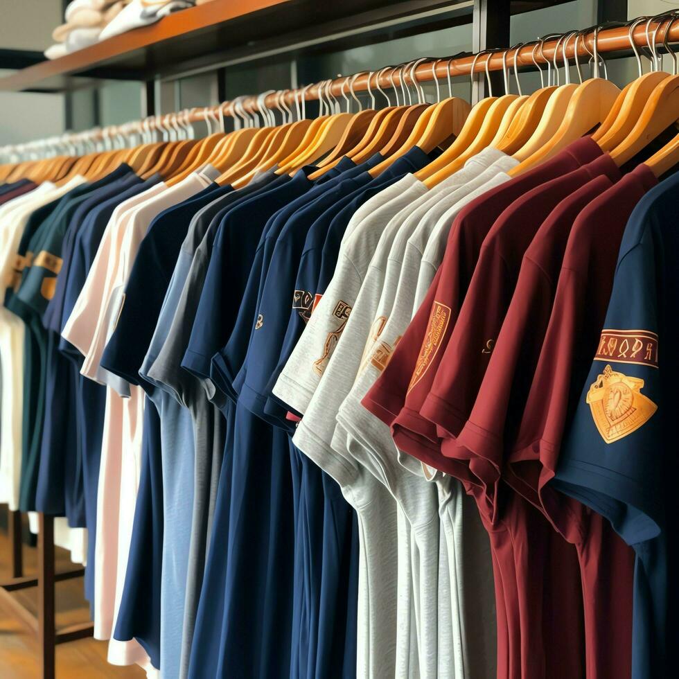 Row of fashionable polo t-shirts for man on wooden hanger or rack in a clothing boutique retail shop concept by AI Generated photo