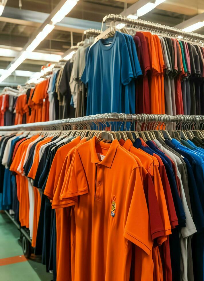 Row of fashionable polo t-shirts for man on wooden hanger or rack in a clothing boutique retail shop concept by AI Generated photo