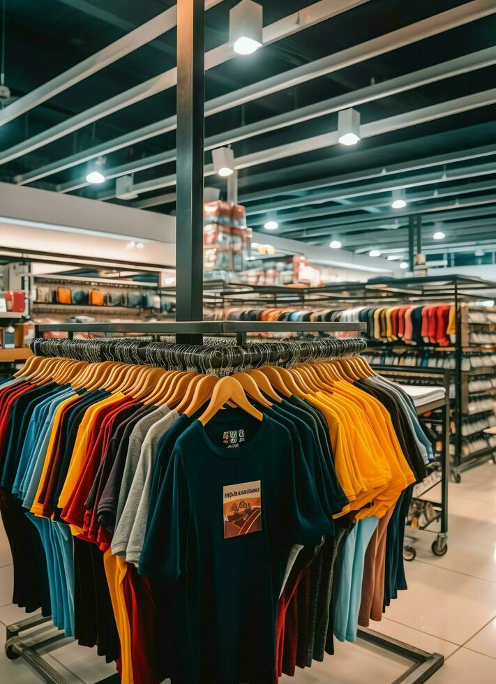 Row of fashionable polo t-shirts for man on wooden hanger or rack in a clothing boutique retail shop concept by AI Generated photo