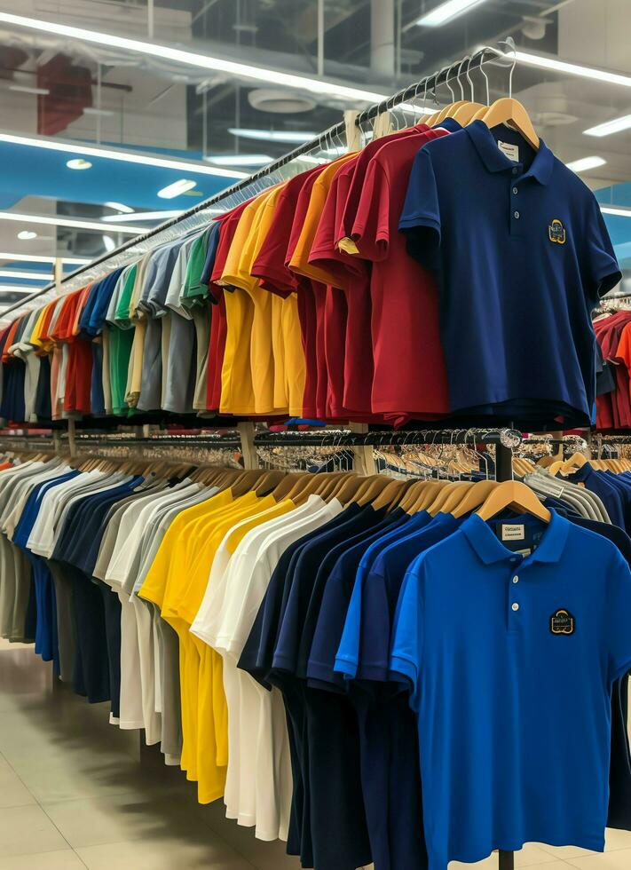 fila de de moda polo camisetas para hombre en de madera percha o estante en un ropa boutique Al por menor tienda concepto por ai generado foto