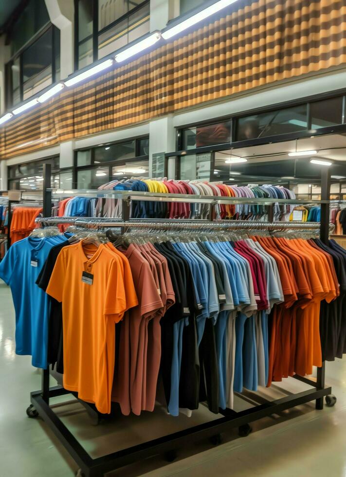 Row of fashionable polo t-shirts for man on wooden hanger or rack in a clothing boutique retail shop concept by AI Generated photo