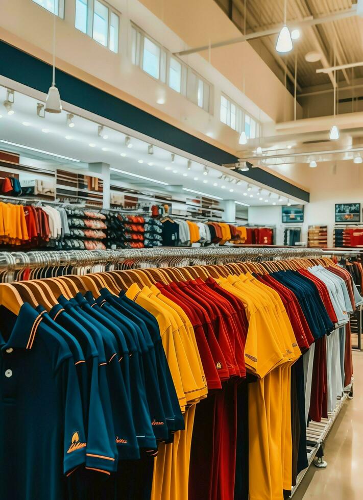 Row of fashionable polo t-shirts for man on wooden hanger or rack in a clothing boutique retail shop concept by AI Generated photo