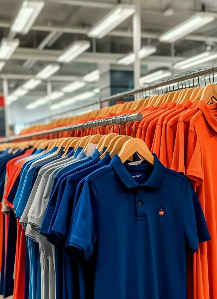 Row of fashionable polo t-shirts for man on wooden hanger or rack in a clothing boutique retail shop concept by AI Generated photo