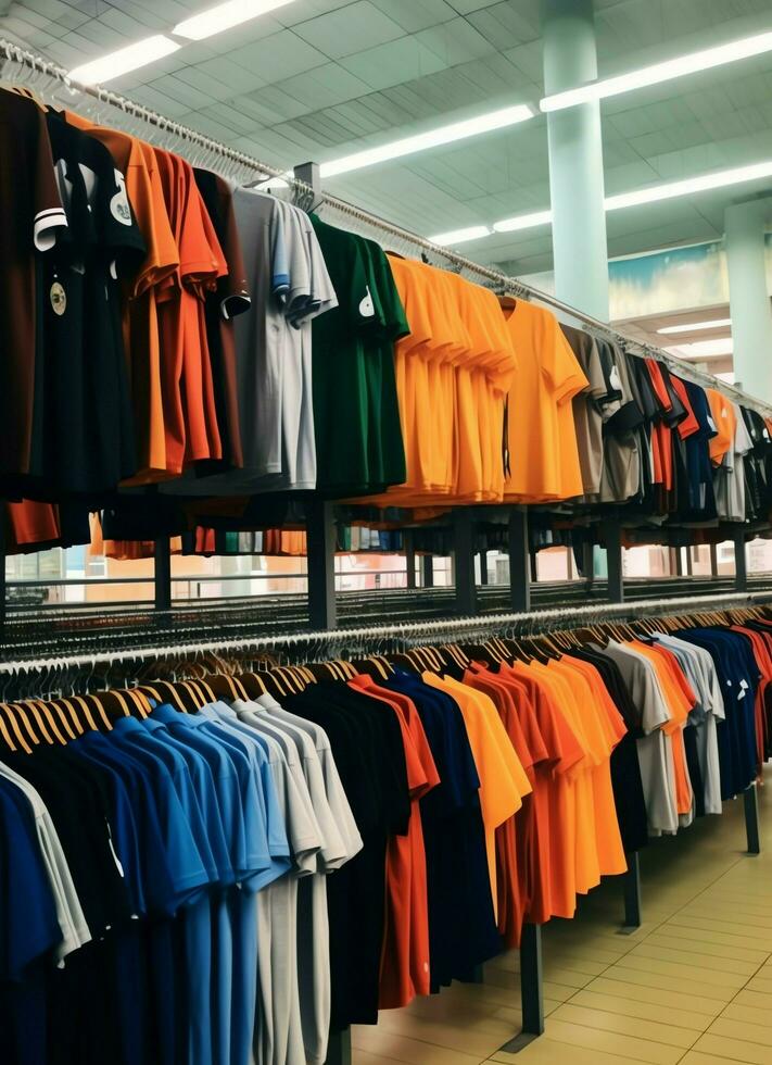 Row of fashionable polo t-shirts for man on wooden hanger or rack in a clothing boutique retail shop concept by AI Generated photo