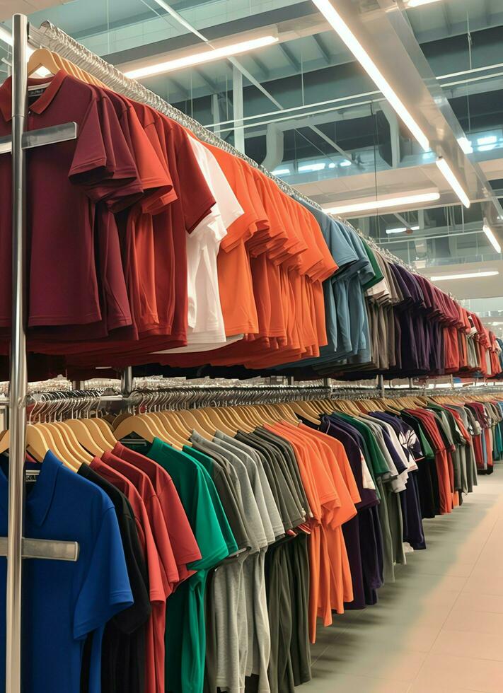 Row of fashionable polo t-shirts for man on wooden hanger or rack in a clothing boutique retail shop concept by AI Generated photo