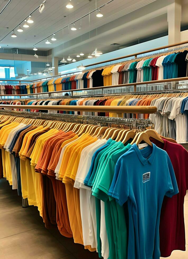 Row of fashionable polo t-shirts for man on wooden hanger or rack in a clothing boutique retail shop concept by AI Generated photo