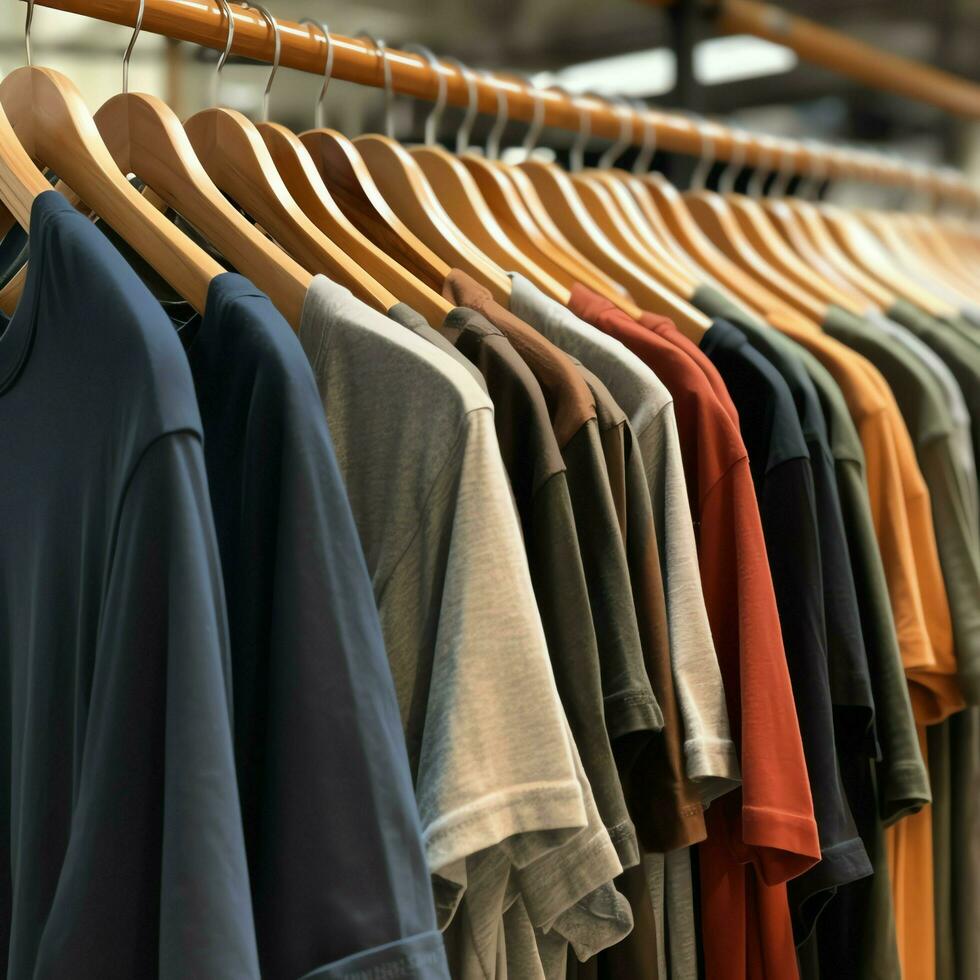 Row of fashionable polo t-shirts for man on wooden hanger or rack in a clothing boutique retail shop concept by AI Generated photo