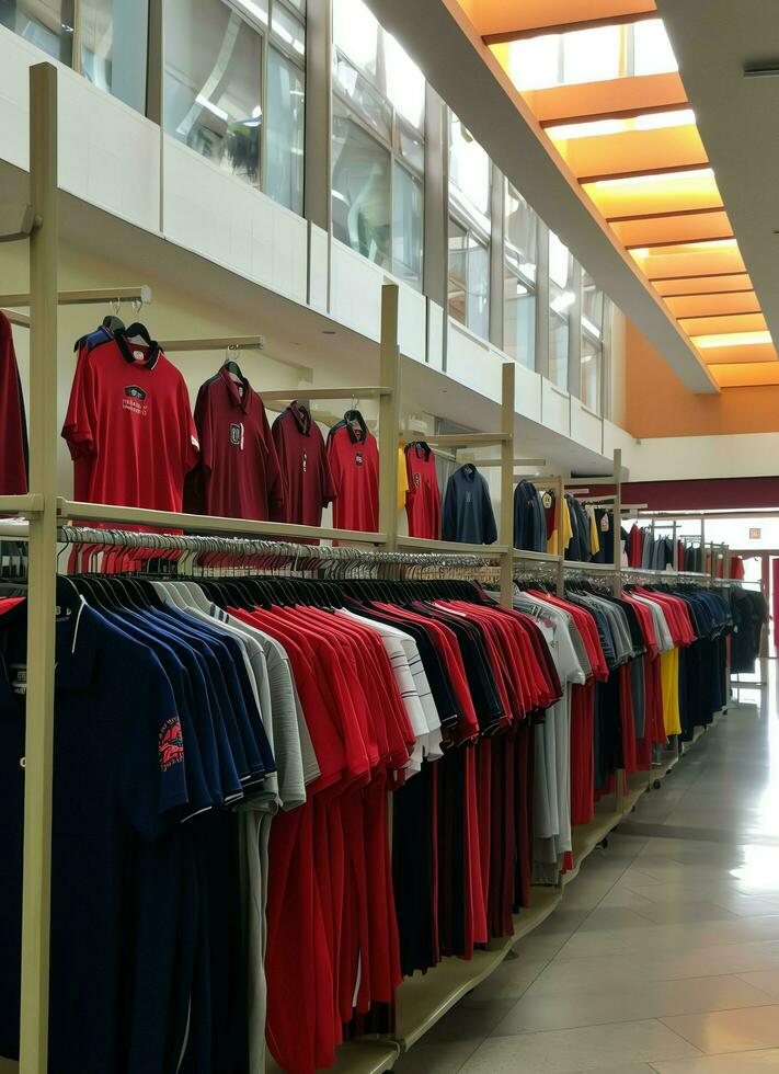 fila de de moda polo camisetas para hombre en de madera percha o estante en un ropa boutique Al por menor tienda concepto por ai generado foto