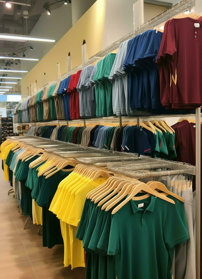 Row of fashionable polo t-shirts for man on wooden hanger or rack in a clothing boutique retail shop concept by AI Generated photo