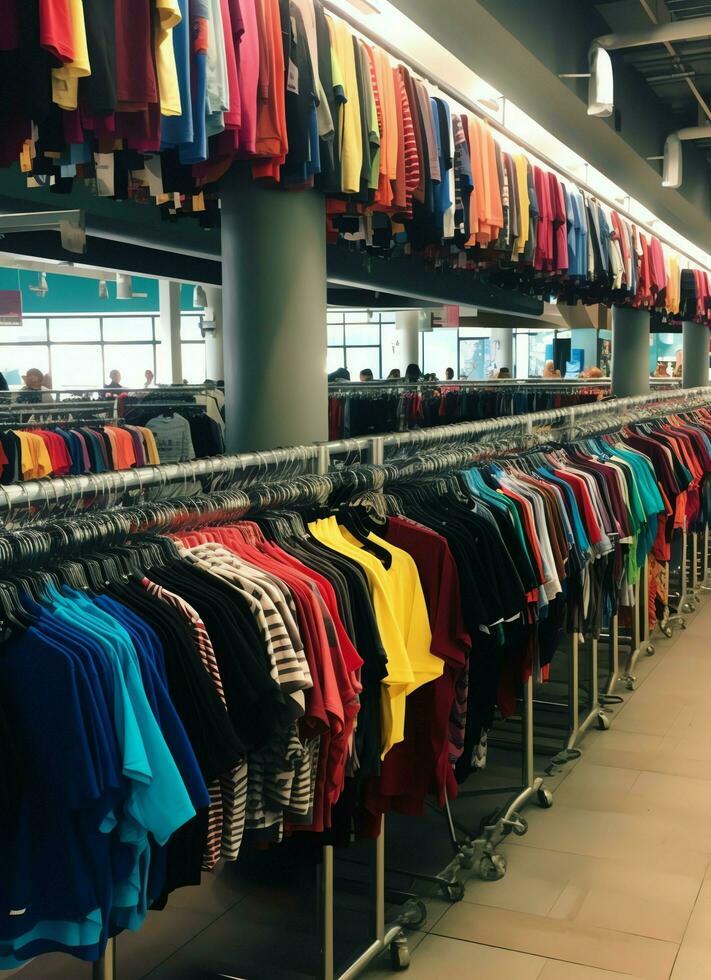 Row of fashionable polo t-shirts for man on wooden hanger or rack in a clothing boutique retail shop concept by AI Generated photo