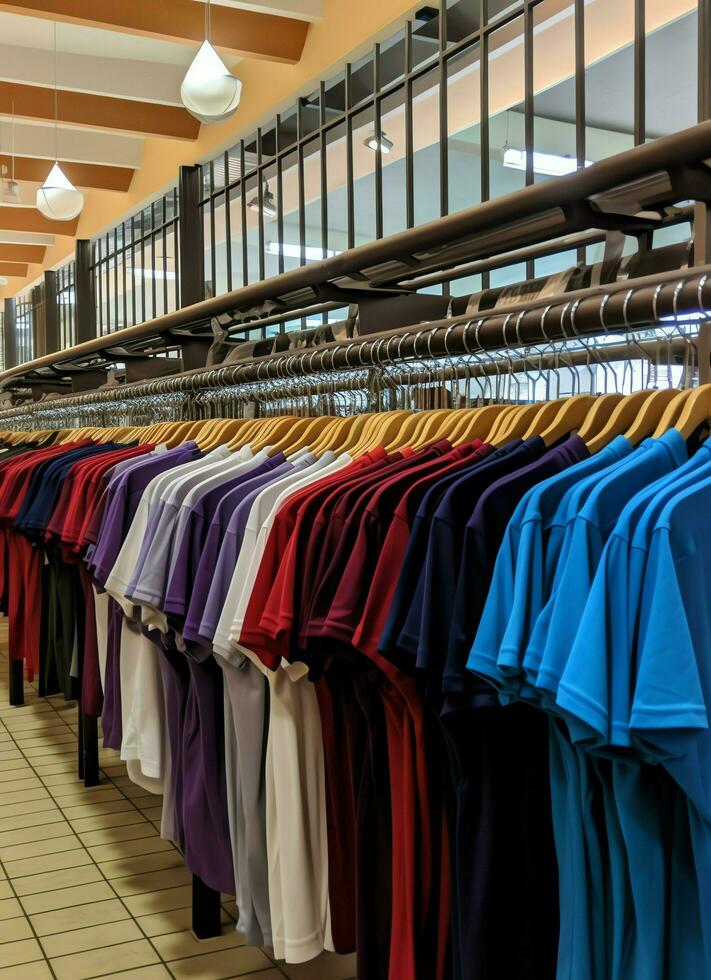 Row of fashionable polo t-shirts for man on wooden hanger or rack in a clothing boutique retail shop concept by AI Generated photo