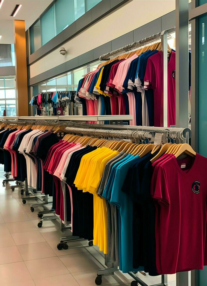 Row of fashionable polo t-shirts for man on wooden hanger or rack in a clothing boutique retail shop concept by AI Generated photo