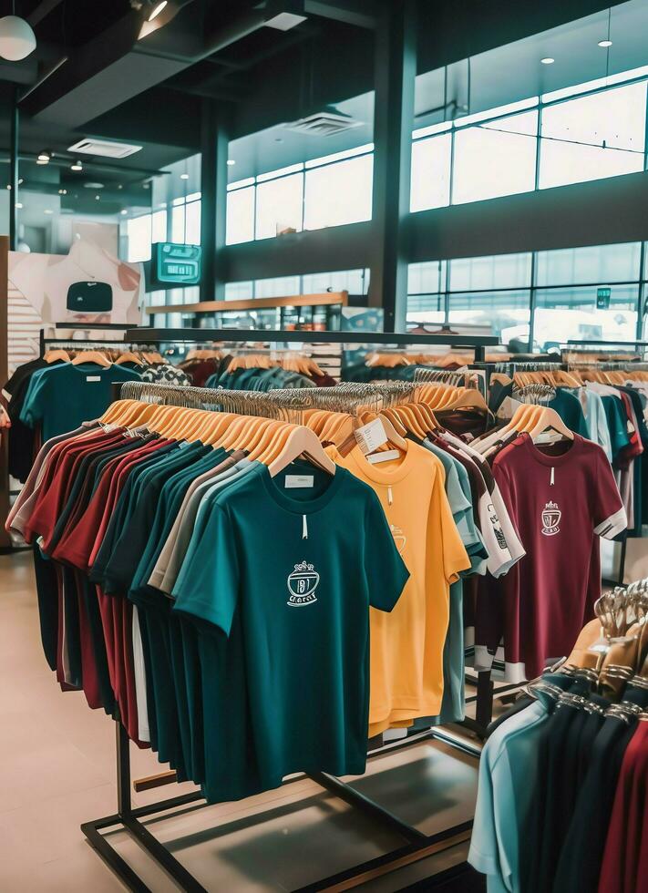 Row of fashionable polo t-shirts for man on wooden hanger or rack in a clothing boutique retail shop concept by AI Generated photo