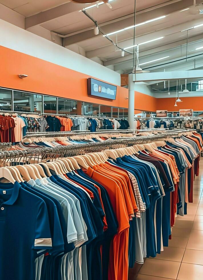 Row of fashionable polo t-shirts for man on wooden hanger or rack in a clothing boutique retail shop concept by AI Generated photo