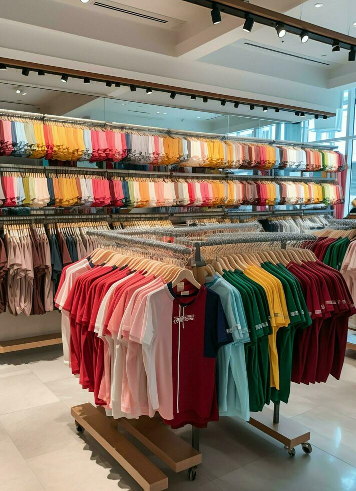 Row of fashionable polo t-shirts for man on wooden hanger or rack in a clothing boutique retail shop concept by AI Generated photo