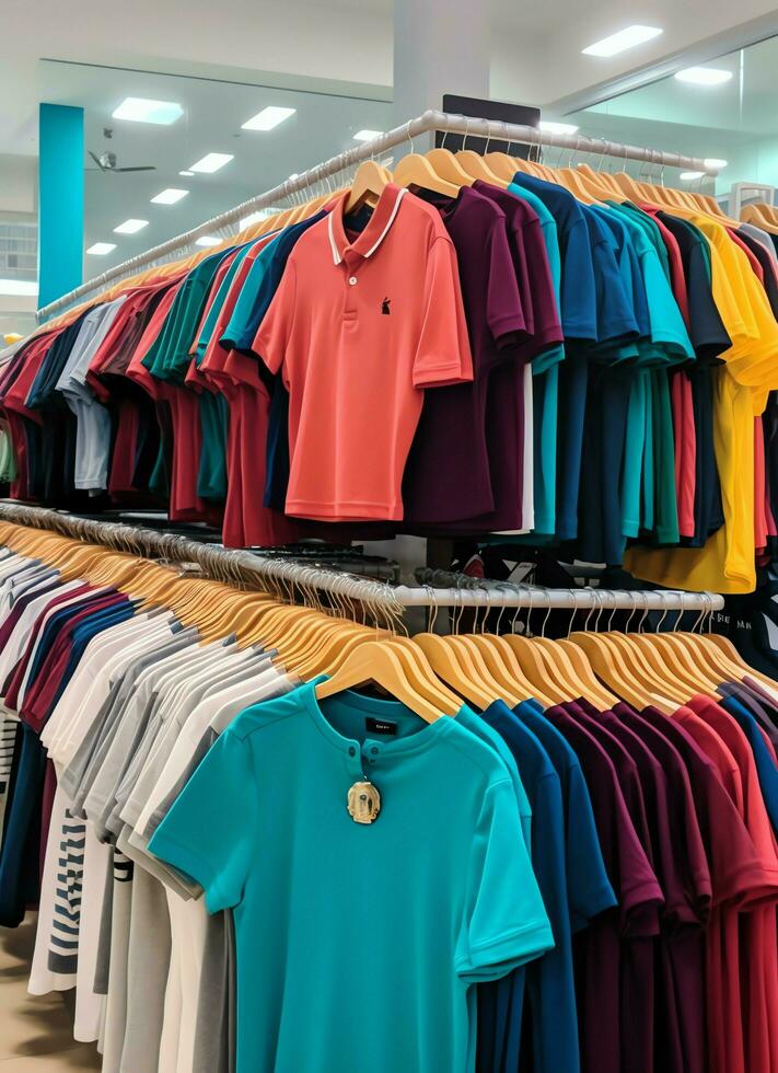 Row of fashionable polo t-shirts for man on wooden hanger or rack in a clothing boutique retail shop concept by AI Generated photo