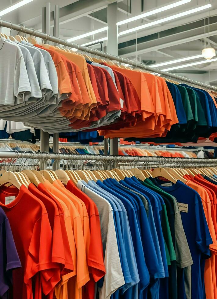 Row of fashionable polo t-shirts for man on wooden hanger or rack in a clothing boutique retail shop concept by AI Generated photo