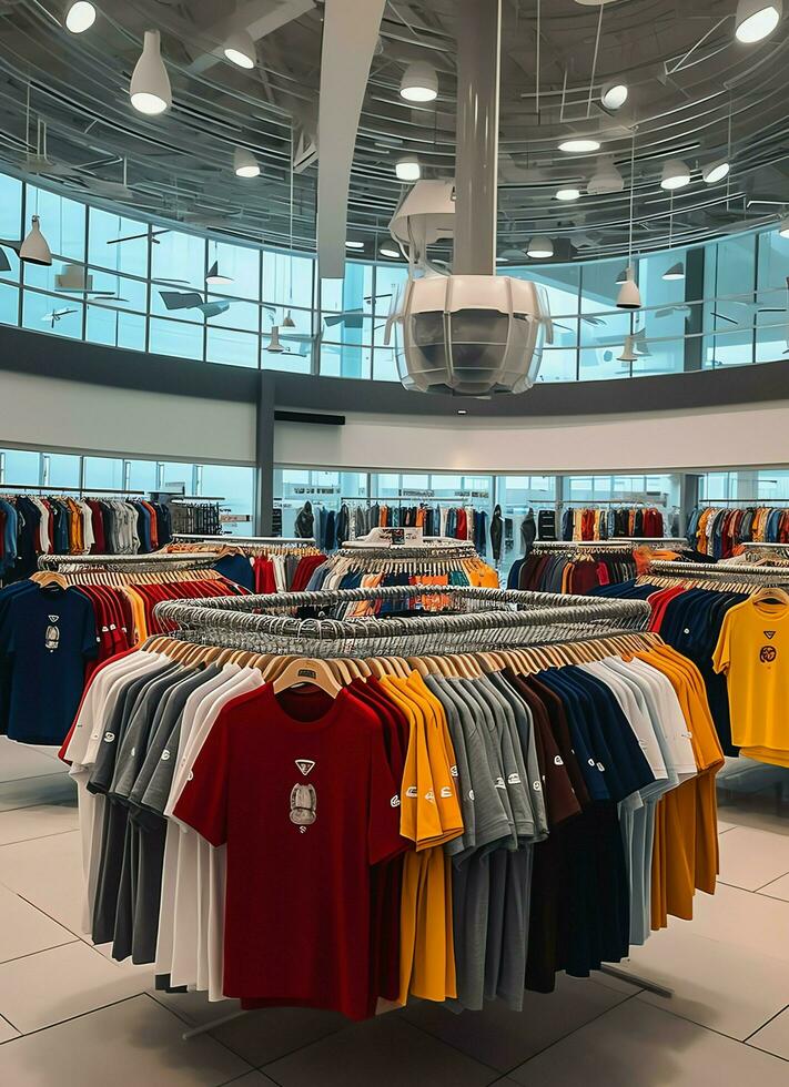 Row of fashionable polo t-shirts for man on wooden hanger or rack in a clothing boutique retail shop concept by AI Generated photo