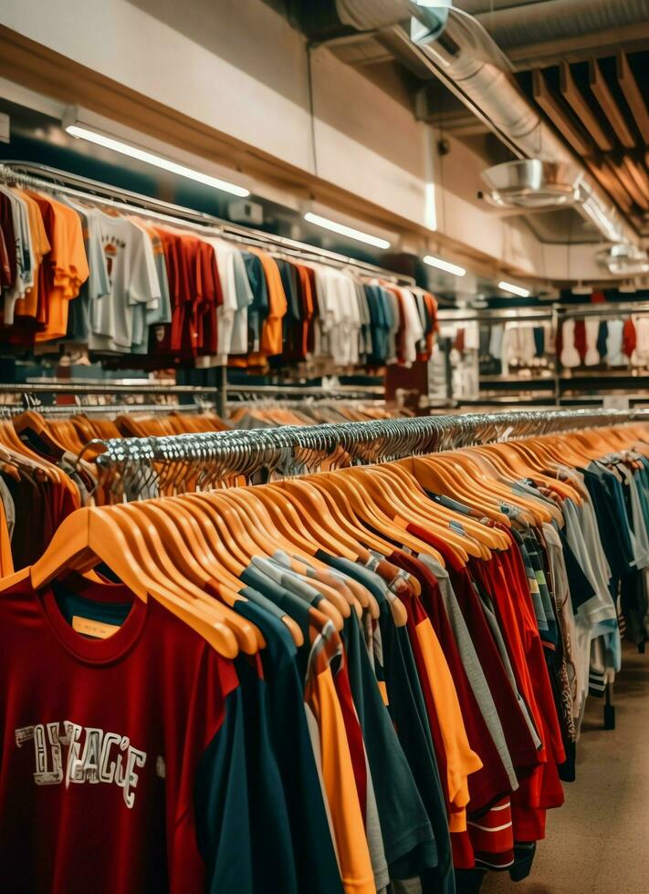 Row of fashionable polo t-shirts for man on wooden hanger or rack in a clothing boutique retail shop concept by AI Generated photo