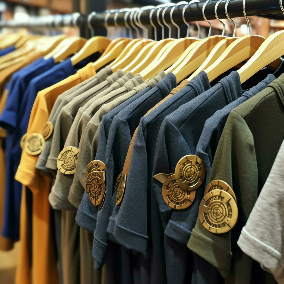 Row of fashionable polo t-shirts for man on wooden hanger or rack in a clothing boutique retail shop concept by AI Generated photo